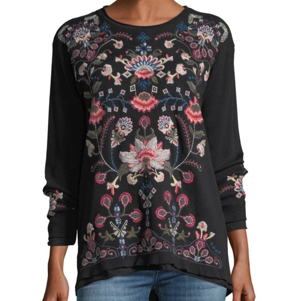 Johnny Was XL Navy with Floral Embroidered Sweater